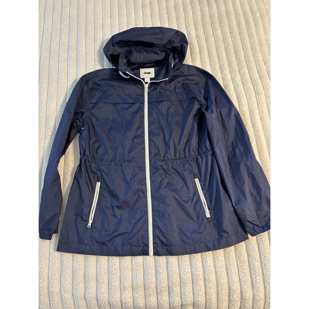 Old Navy Windbreaker Jacket Hooded Cinched Waist Women’s Small Navy Blue White
